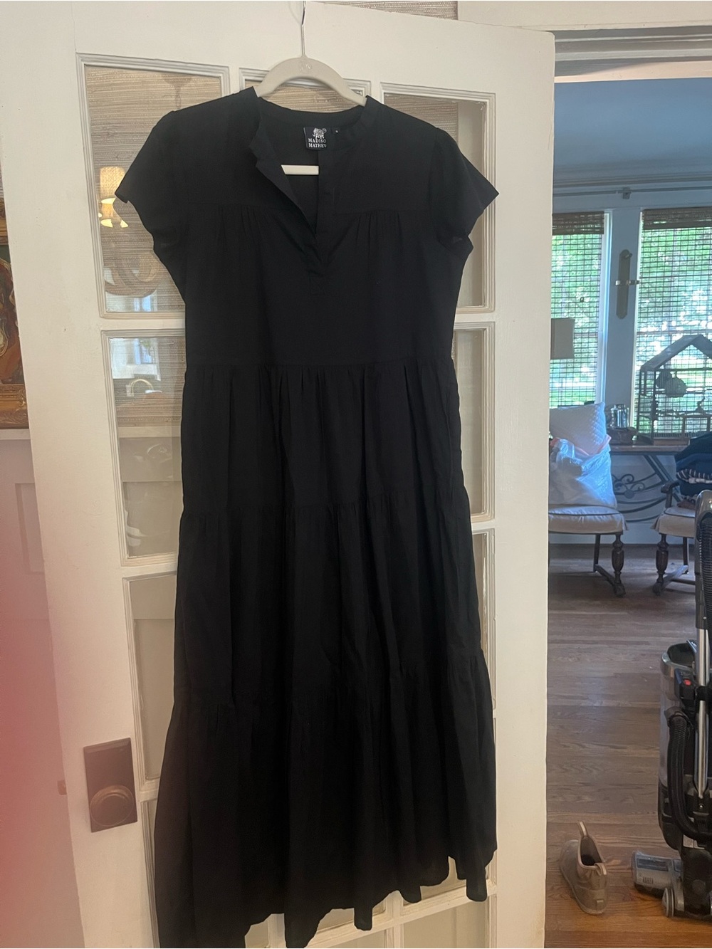 Madison Mathews Women's Black Tiered Maxi Dress with Short Sleeves